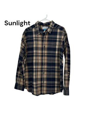 Columbia Mens Long Sleeve Plaid Button-Down Shirt Beige & Navy Size XL Relaxed